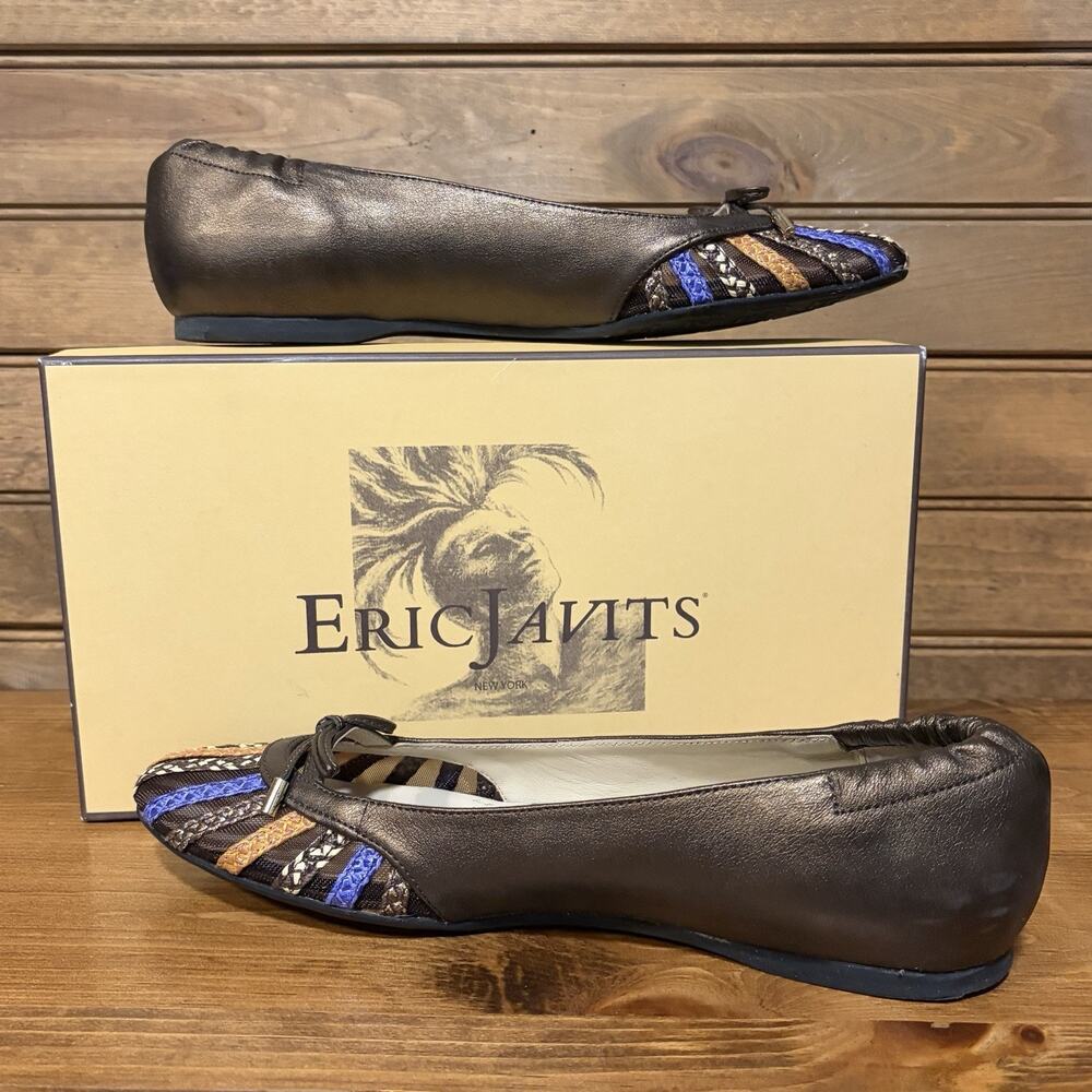 Eric Javits NY Bronze Leather Ballet Flats Striped Net Toe Size 9 Shoes Women’s